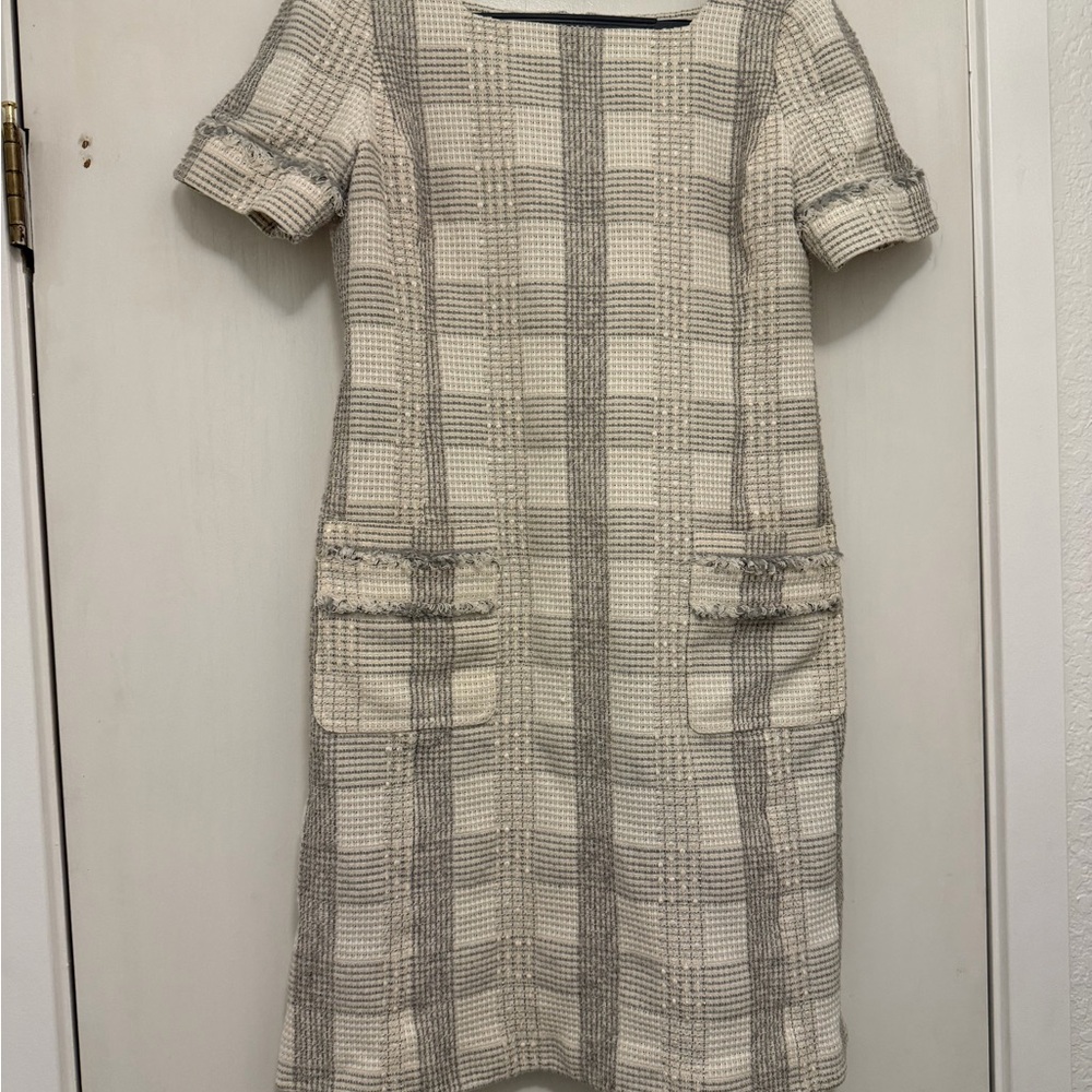Brooks Brothers Cream and Gray Checkered Midi Dress